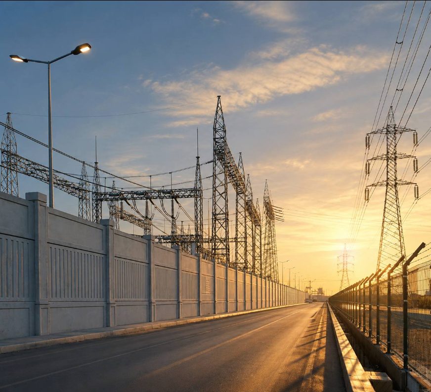 Motorway noise wall alongside power transmission infrastructure at sunset