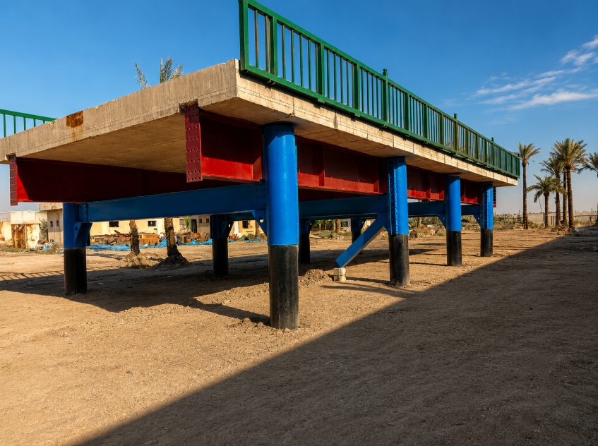 Bridge construction sample with painted steel beams and railing at Alkanz Ltd's Baghdad centre