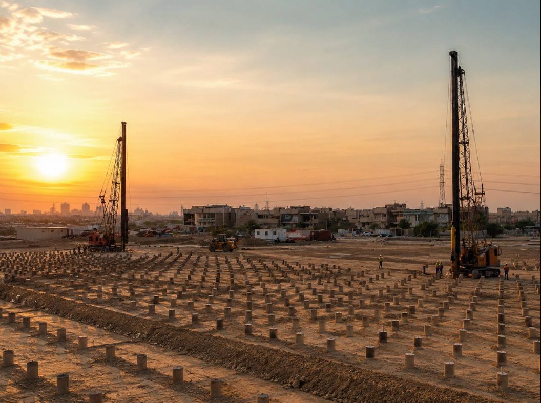 Field of precast piles driven across a large site at sunset