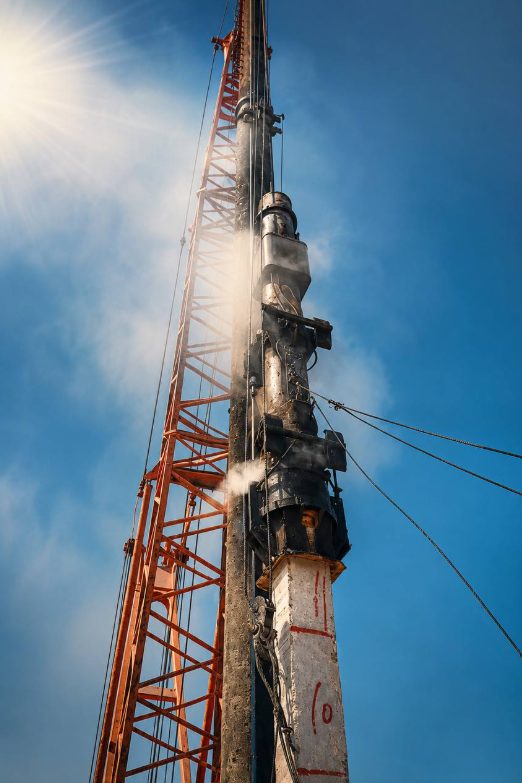 Close-up of a piling rig hammer in operation