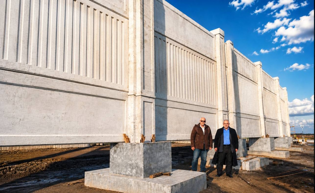 Precast concrete wall panels on site
